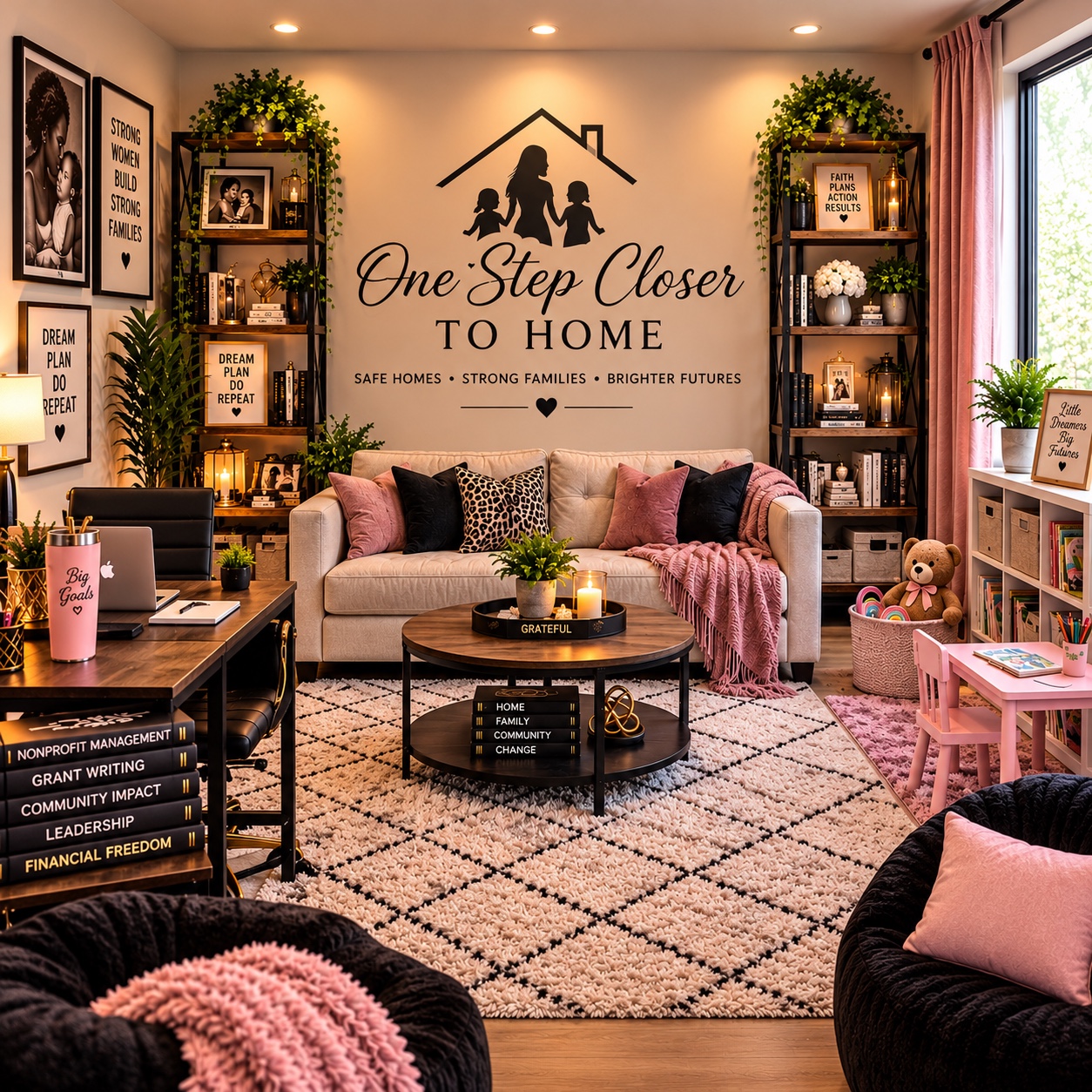 A warm, welcoming room with One Step Closer to Home artwork, a sofa, and a children’s play area
